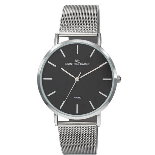 4853 Montres Carlo Classic Mesh Band Watch in Silver & Black & Silver