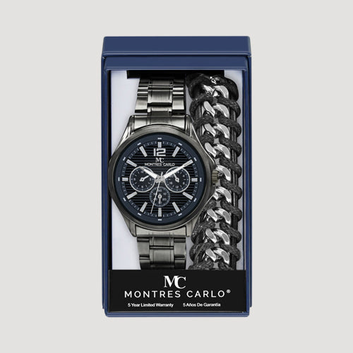 Montres Carlo Stainless Steel Watch & 2-Tone Chunky Bracelet Gift Box in Black