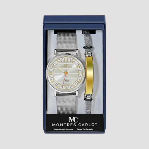 Montres Carlo Mesh Watch & ID Bracelet Gift Box Set in Silver/White