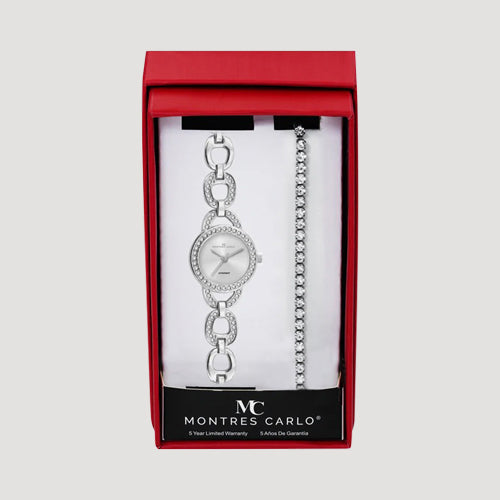 Montres Carlo Rhinestone Bracelet Watch & Tennis Bracelet Set in Silver