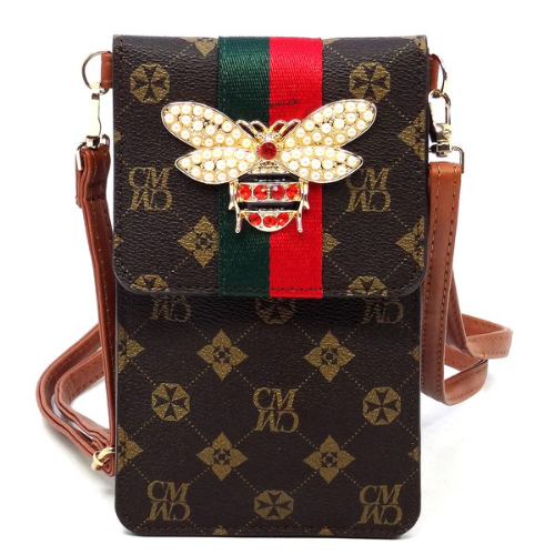 Queen Bee Monogram Cell Phone Side Bag Brown