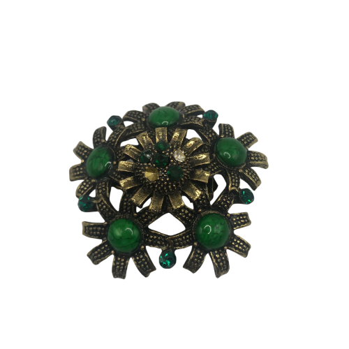5 Flower 5 Gem Brooch Green & Gold