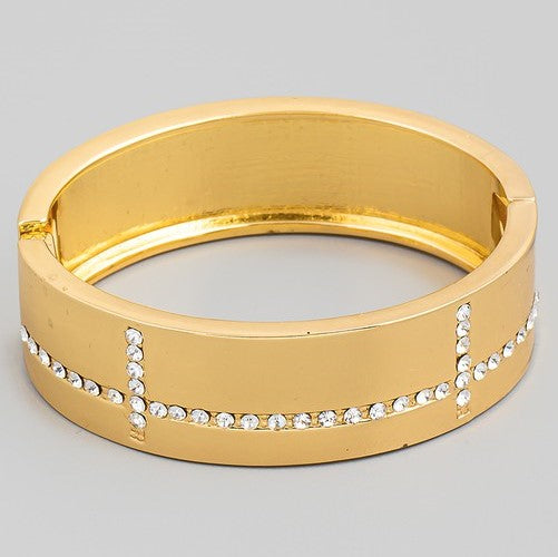 Hinged Rhinestone Wide Bangle Gold