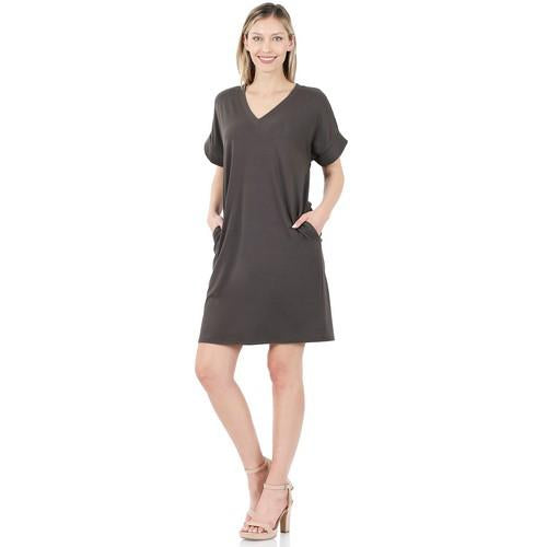Rolled Short Sleeve V-Neck Dress in Ash Grey
