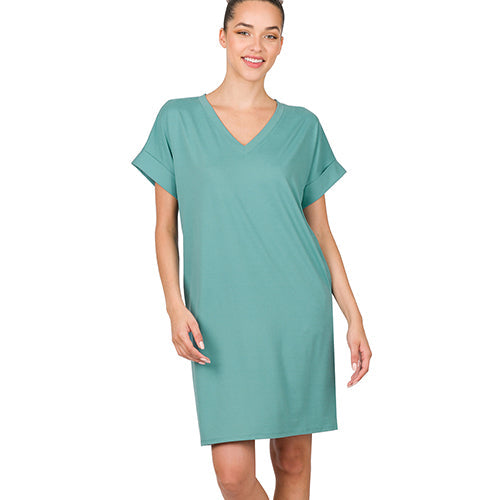 PD-2457AB Rolled Short Sleeve V-Neck Dress Dusty Teal