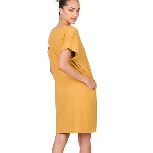 Rolled Short Sleeve V-Neck Dress Light Mustard