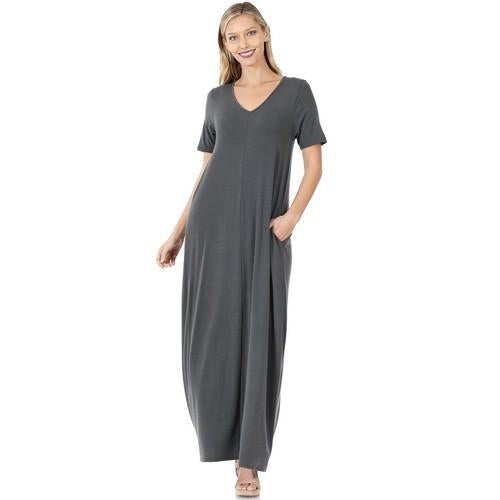 RS-1025AB V-Neck Short Sleeve Maxi Dress With Side Pockets Ash Grey