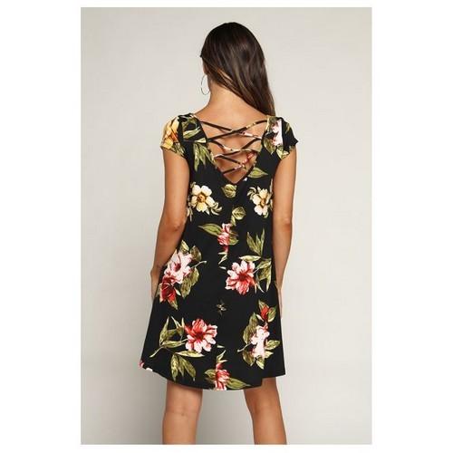 Lace Up Back A Line Dress Black Floral