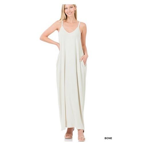 RS-1024AB V-Neck Cami Maxi Dress With Side Pockets Bone