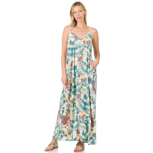 TPS-5056AB French Terry Tie Dye Cami Maxi Dress Blue