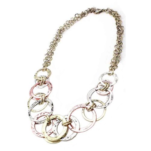 HNE1925 Gold Antiqued Ring Necklace Tri-Tone