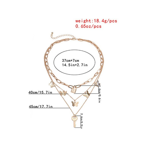 Butterfly Lock & Key Pendant Multilayer Necklace Gold