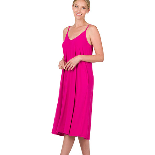 V-Neck Cami Knee Length Dress Magenta