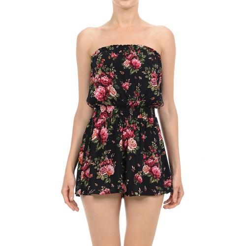 70497-2 Floral Print Surplice Romper Black