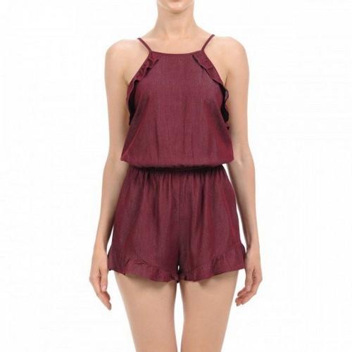 69961 High Square Neck X-Back Strap Romper Burgundy