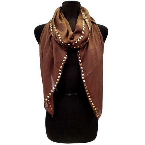 scf-11465 Gold Studded Soft Gauze Scarf Brown