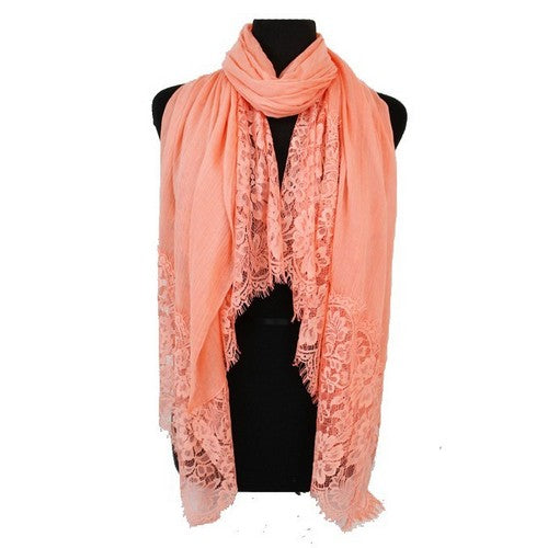 SCF-18134 Luxury Lace Hem Pashmina Coral