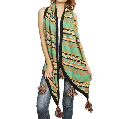 SF-1066 Long Pom Pom Print Scarf Green/Black