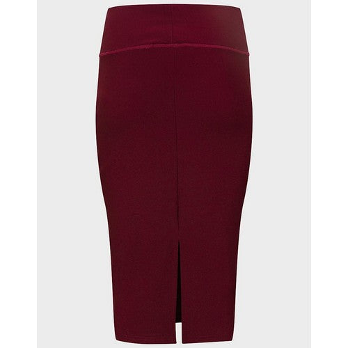 Wide Waistband Knee Length Pencil Skirt in Burgundy