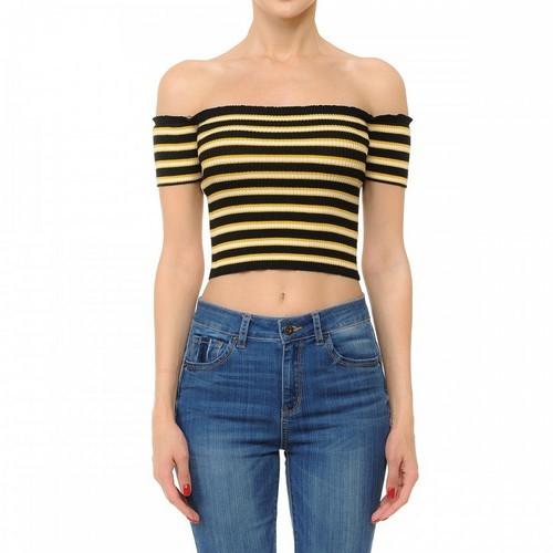 71080-1 Multi Striped Off The Shoulder Short Sleeve Crop Sweater Black/Mustard