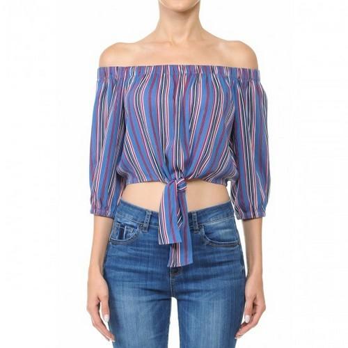 65944 Multi-Striped Tie-Front Hem Off-The-Shoulder Flared 3/4 Sleeve Top Denim Blue