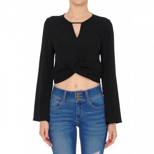 71666 Twist Front Hem Round V Neck Flared Long Sleeve Crop Top Black