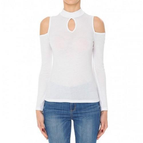69806 Long Sleeve Cold Shoulder Mock Neck Top White