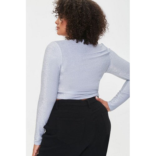Plus Size Ruched Glitter Knit Crop Top Grey Silver