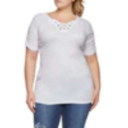 0030187579 Plus Size Lace Up Notch Neck Tee White