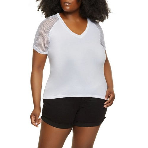 0030173397 Plus Size Fishnet Sleeve Tee White