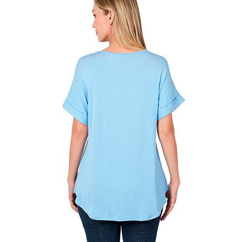 Luxe Rolled Sleeve Boat Neck Loose Fit T-Shirt Spring Blue