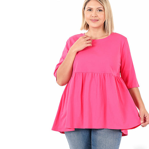 Plus Size Ruffle Loose Fit Half Sleeve Top Fuchsia