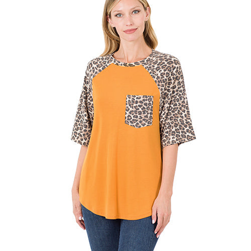 Zenana Leopard Raglan Sleeve Patch Pocket Top