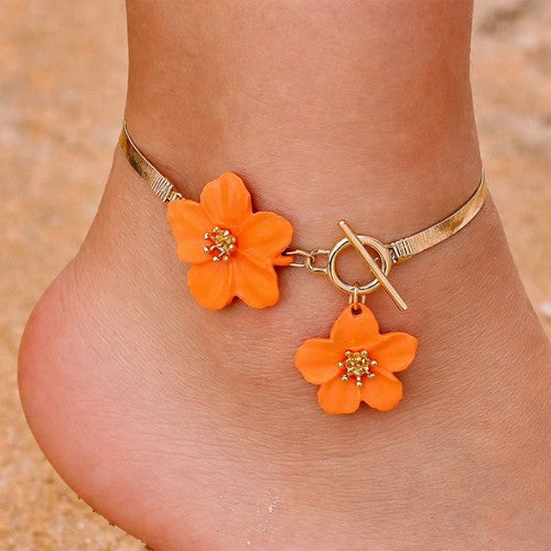 Flower Pendant Snake Chain Anklet in Gold & Orange