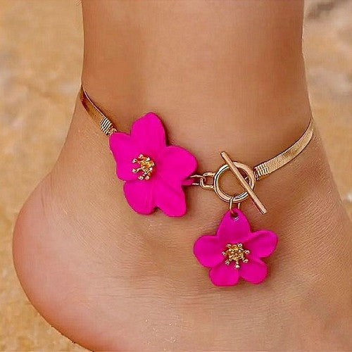 Flower Pendant Snake Chain Anklet in Gold & Pink