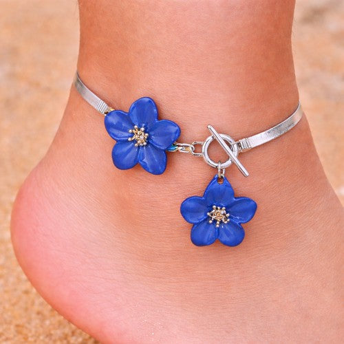 Flower Pendant Snake Chain Anklet in Silver & Blue