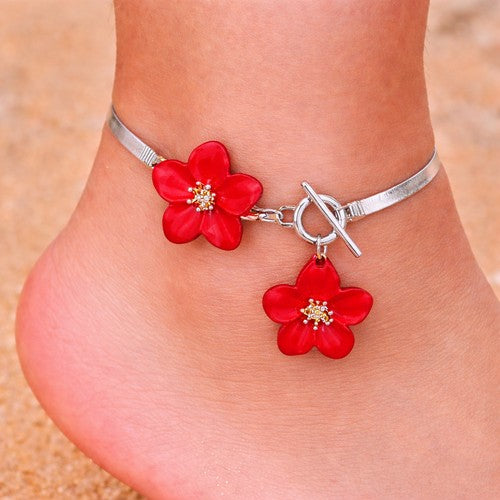 Flower Pendant Snake Chain Anklet in Silver & Red