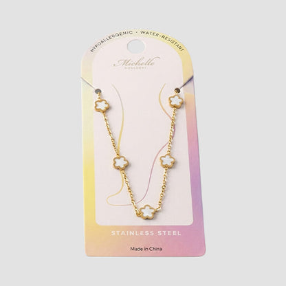 Stainless Steel Pearl Inlay Flower Chain Anklet in Gold & White