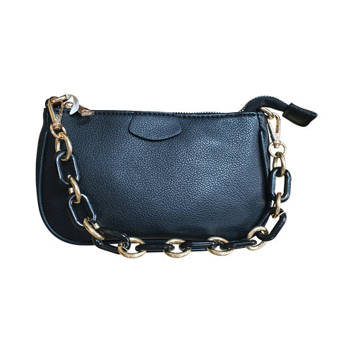 Plain Leather Clutch Side Bag with Chain Strap Black