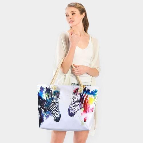 LOA314 Zebra Print Beach Tote Bag in Beige