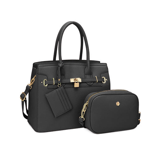 MS30524-BK Saffiano Leather Birkin 3pc Handbag Set Black