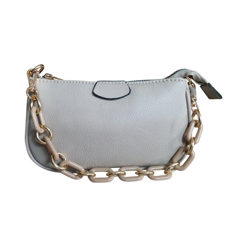 Plain Leather Clutch Side Bag with Chain Strap Sand