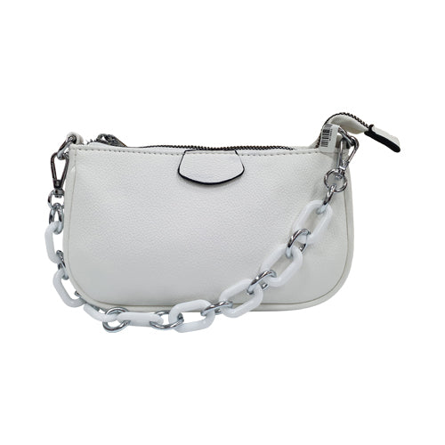 Plain Leather Clutch Side Bag with Chain Strap White