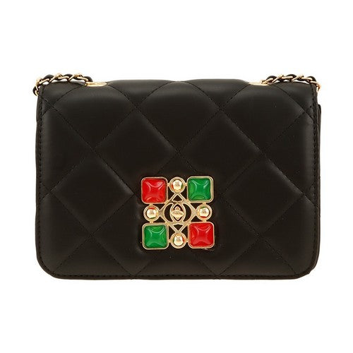 Green & Red Gem Quilted Clutch in Black