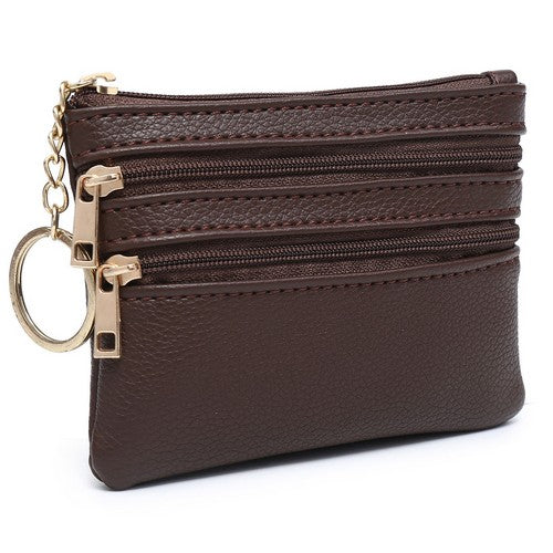 BC3871-2 Triple Zip Keychain Vegan Leather Coin Purse in Coffee