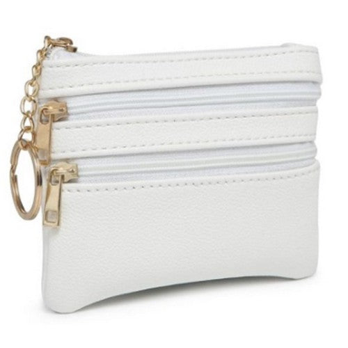 Triple Zip Keychain Vegan Leather Coin Purse in White