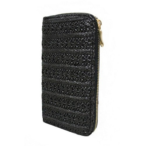 BAG-793-21009 Straw Look Single Zip Purse in Black