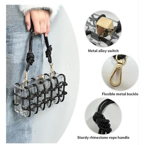 Acrylic Clear Clutch With Knotted Rhinestones in Black