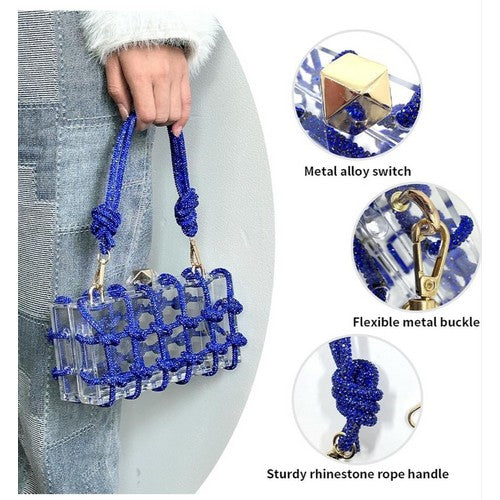 Acrylic Clear Clutch With Knotted Rhinestones in Blue