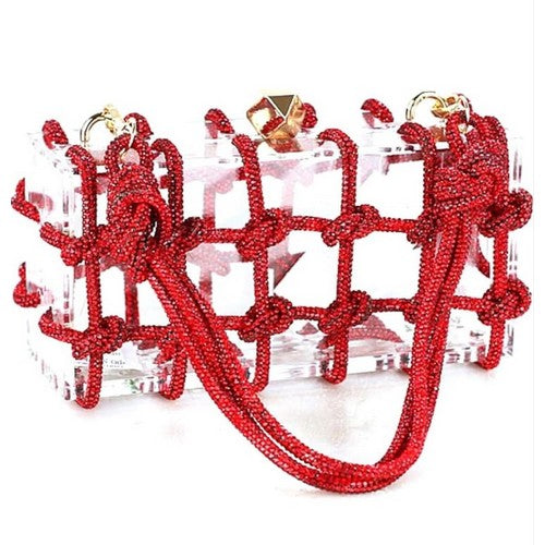 Acrylic Clear Clutch With Knotted Rhinestones in Red